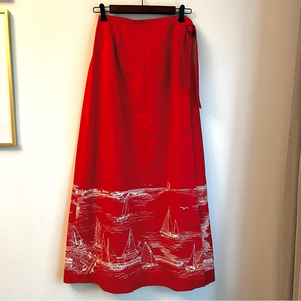 Vintage 70s Flamstead of Vermont red nautical boat print wrap skirt